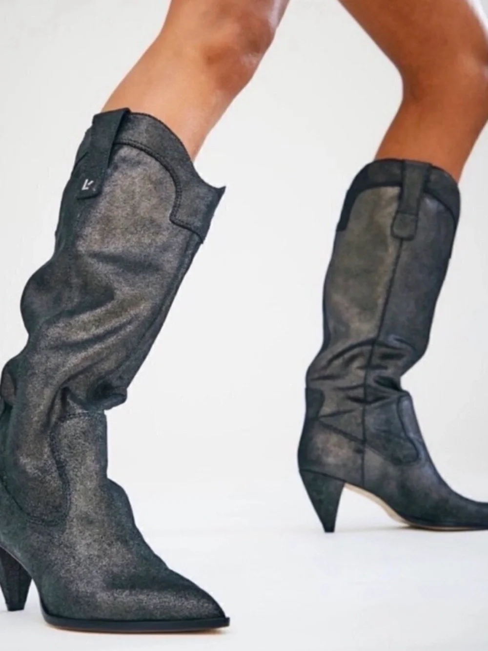 Larroude Louise Graphite Metallic Suede Cowboy Western Boots US 9